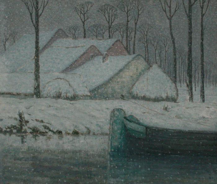 William Degouwe de Nuncques Snowy landscape with barge